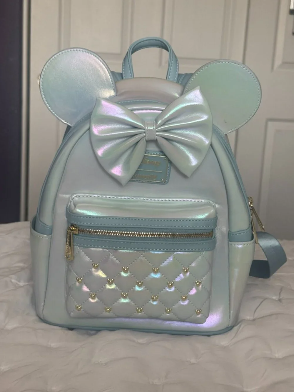 Loungefly Disney Minnie Mouse Iridescent Pearl Mini Backpack Blue Bow Ears
